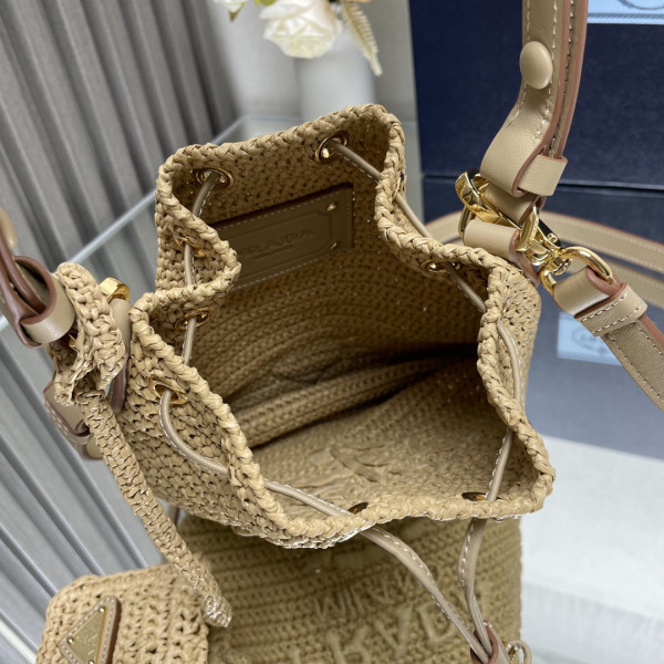 Pra*a tcrochet and leather bucket bag-20*17*12cm