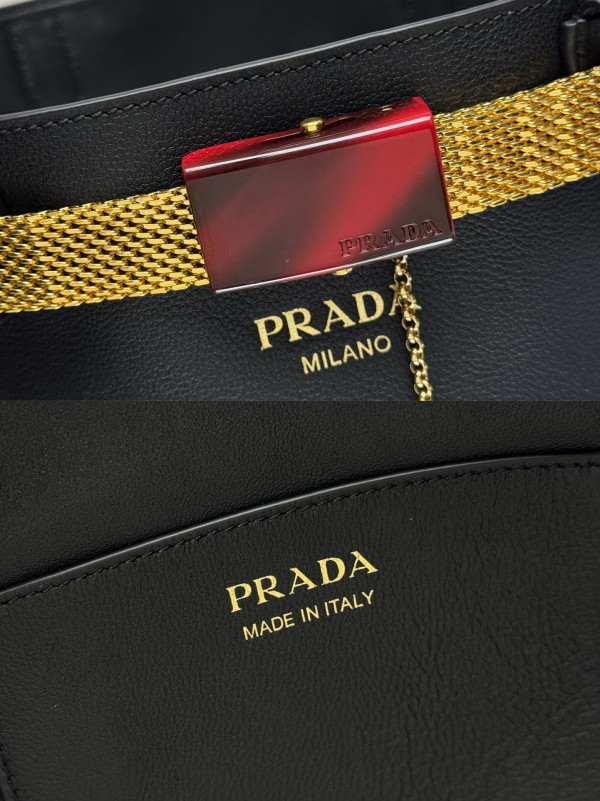 Pra*a buckle leather bucket bag with jeweled belt