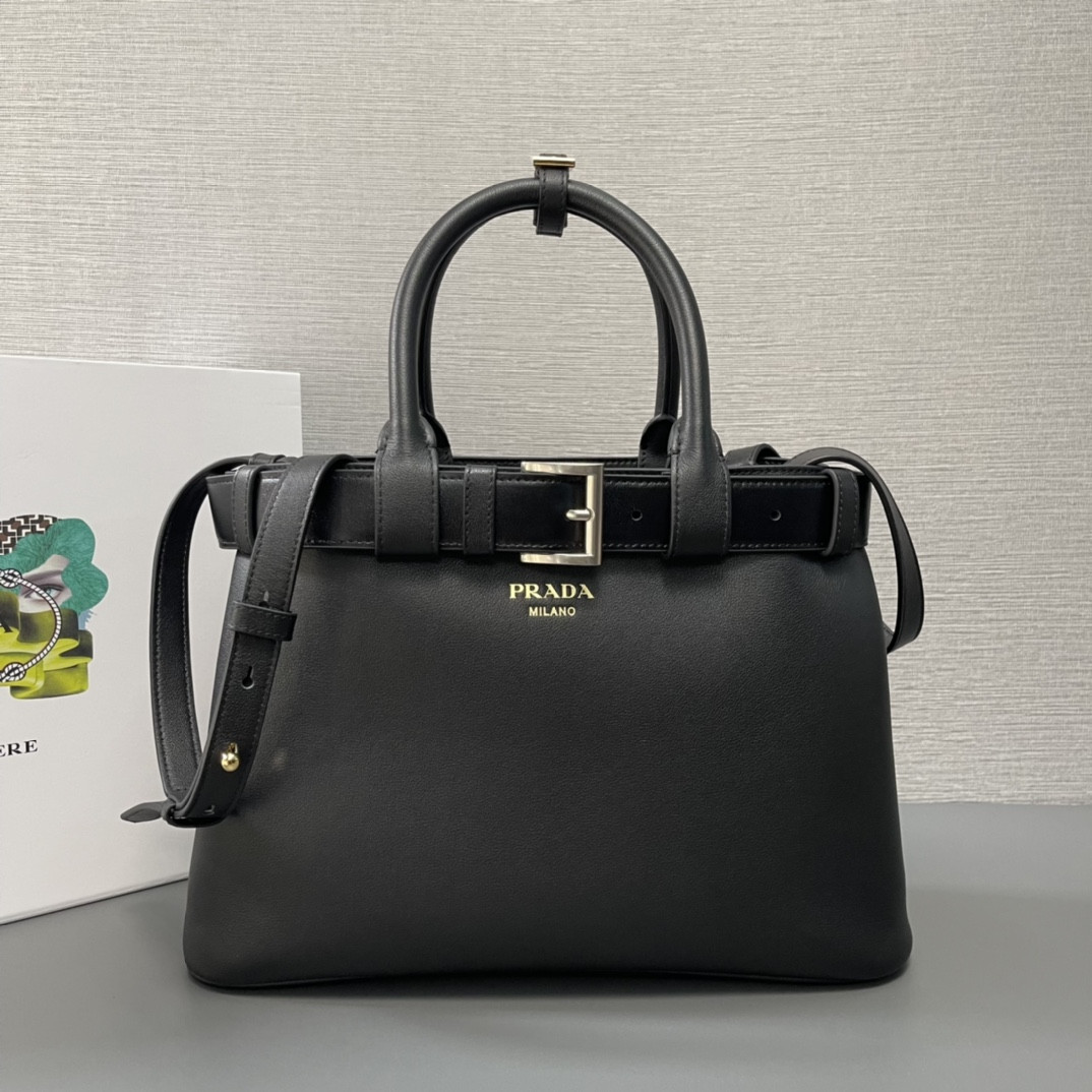 Pra*a buckle large leather handbag with belt-32*23*11cm